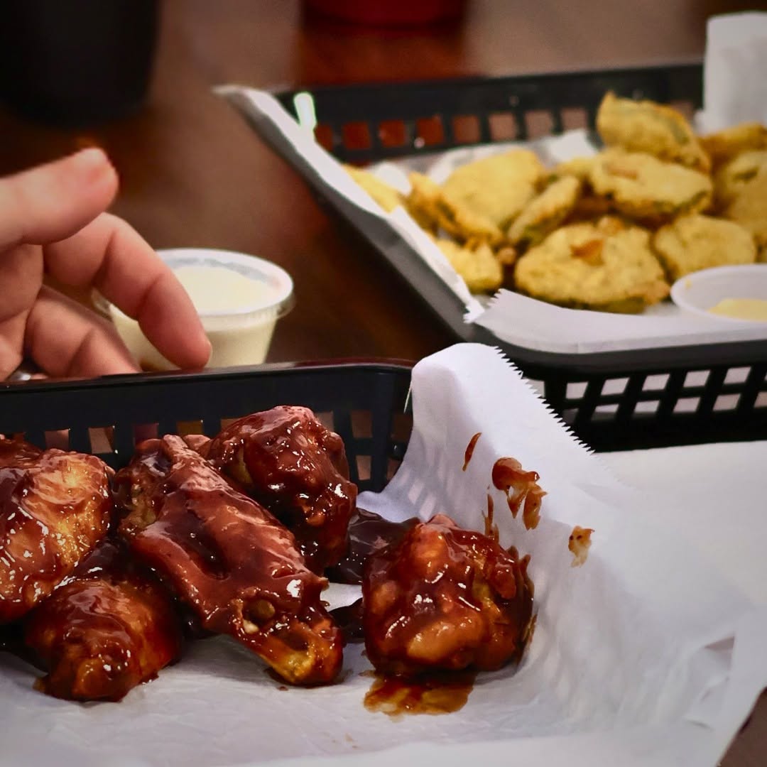 BBQ wings and fried pickles